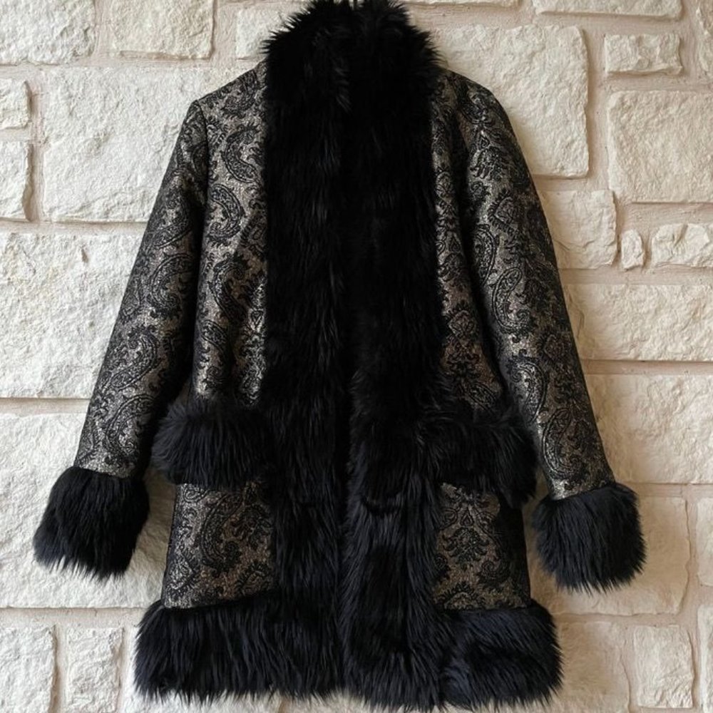 Revolve MinkPink Black & Gold Faux Fur Coat